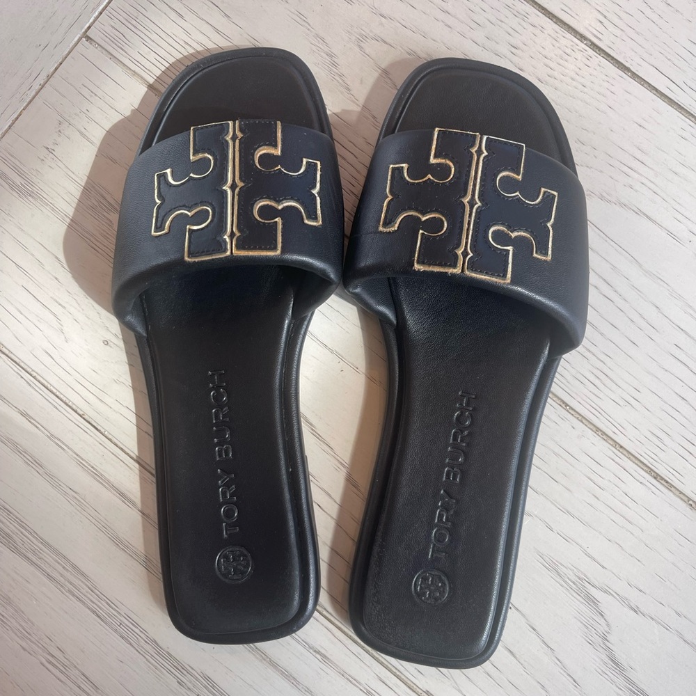 Gorgeous Tory Burch Black Leather Slides with Gold Detailing! - Picture 8 of 14